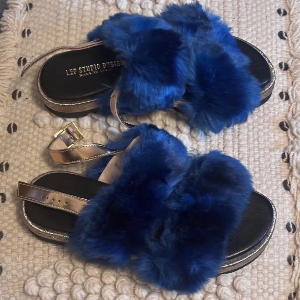 Leo Studio Design Women’s Faux Fur Slides Royal Blue Sz 36